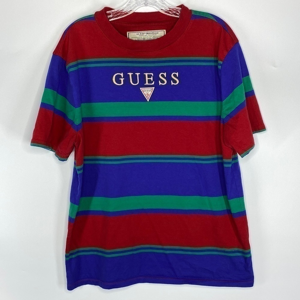 Vintage Guess Originals California Horizontal Multicolor Striped Tshirt Small - Picture 1 of 5